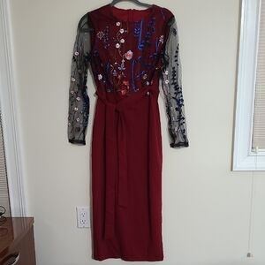 Embroidered Wine Red Long-Sleeve Midi Dress with Sheer Sleeves
